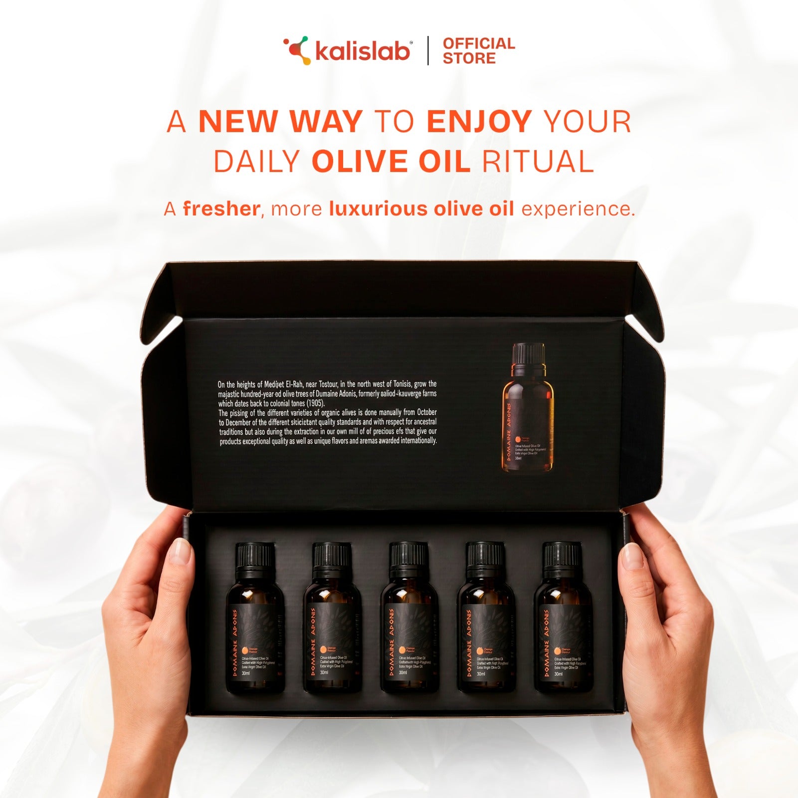 Domaine Adonis Citrus-Infused Olive Oil (Orange) Crafted With High Polyphenol Extra Virgin Olive Oil [30ml x 5 bottle]