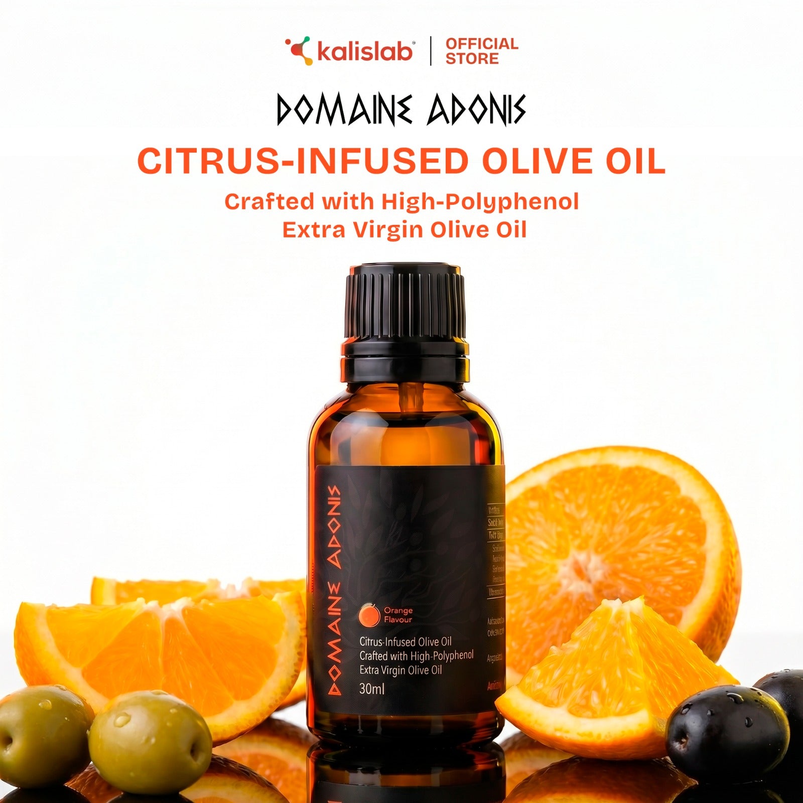 Domaine Adonis Citrus-Infused Olive Oil (Orange) Crafted With High Polyphenol Extra Virgin Olive Oil [30ml x 5 bottle]